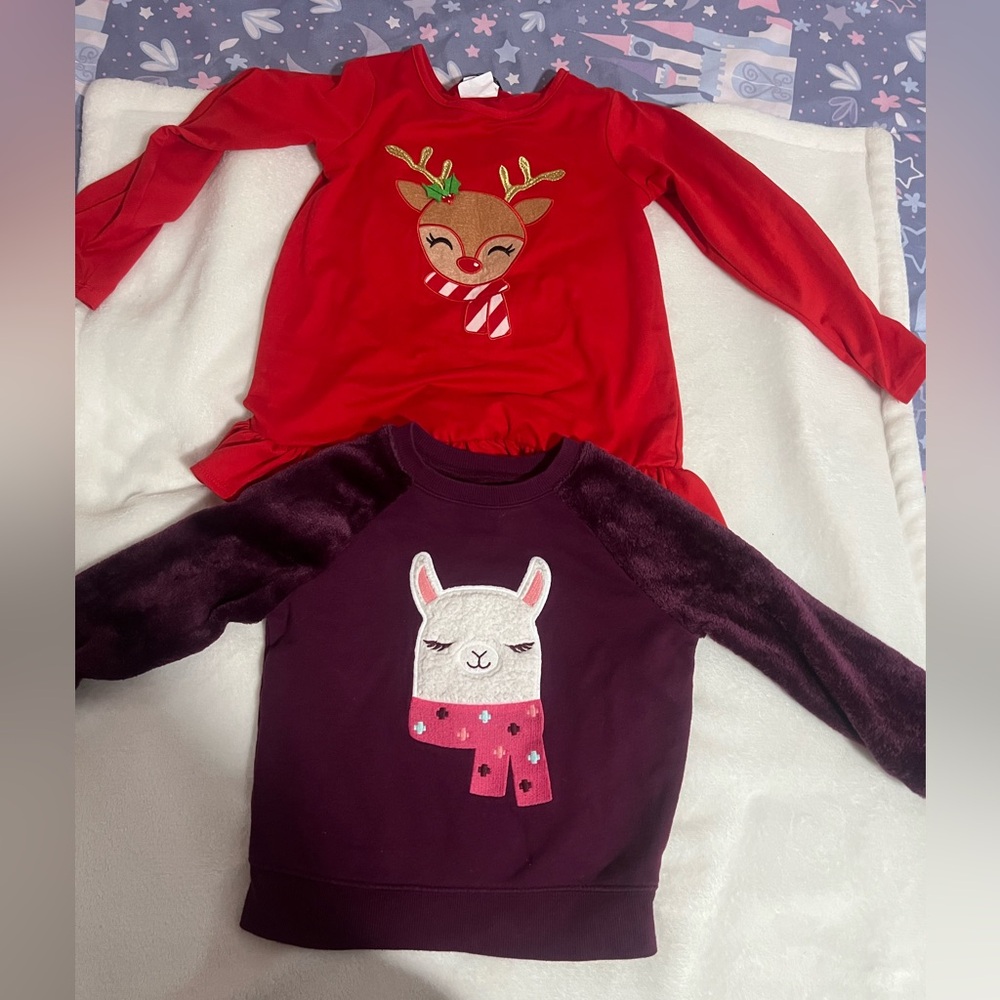 Set of 2 Red Reindeer and Purple Llama Kids Tops